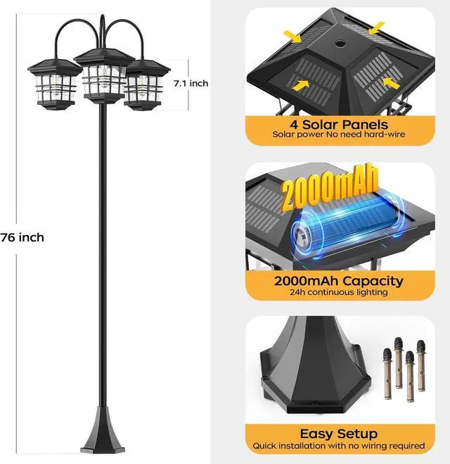 Alt view image 4 of 7 - 76" Classic Black Solar Lamp Post Lights - 3-Head Waterproof Outdoor Street Lights, Pole Light Decorative Lamp for Backyard, Garden, Driveway, Lawn (LED Bulbs Included)