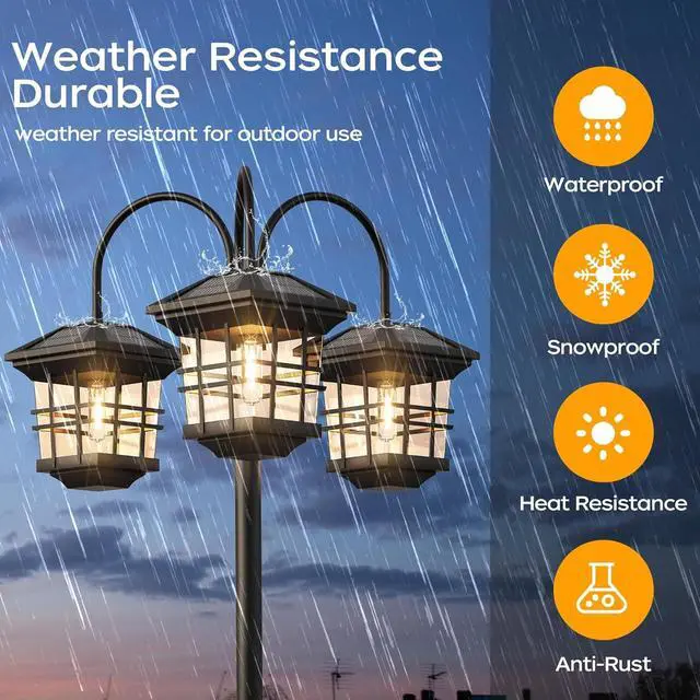 Alt view image 3 of 7 - 76" Classic Black Solar Lamp Post Lights - 3-Head Waterproof Outdoor Street Lights, Pole Light Decorative Lamp for Backyard, Garden, Driveway, Lawn (LED Bulbs Included)