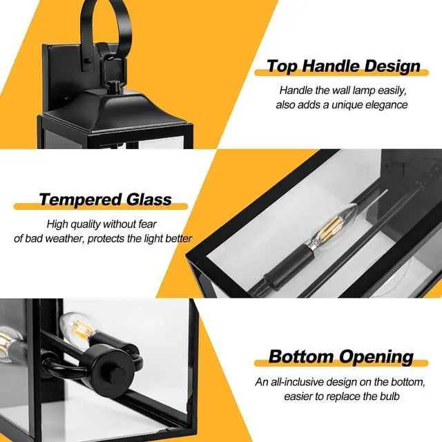 Alt view image 2 of 7 - 19" Black Outdoor Wall Lantern 2-Light, Large Outside Modern Porch Sconce Light Fixture, Industrial Porch Light Wall Mount with Glass, Waterproof Farmhouse Exterior Lamp Lighting 1 Pack