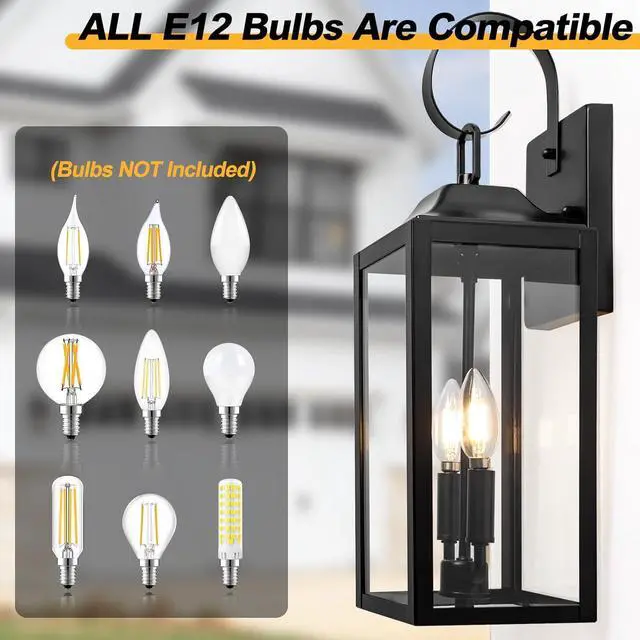 Alt view image 3 of 7 - 19" Black Outdoor Wall Lantern 2-Light, Large Outside Modern Porch Sconce Light Fixture, Industrial Porch Light Wall Mount with Glass, Waterproof Farmhouse Exterior Lamp Lighting 1 Pack