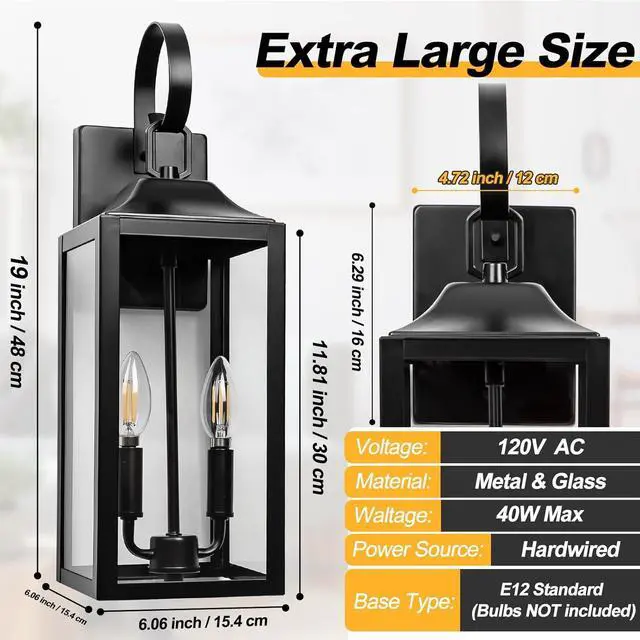 Alt view image 4 of 7 - 19" Black Outdoor Wall Lantern 2-Light, Large Outside Modern Porch Sconce Light Fixture, Industrial Porch Light Wall Mount with Glass, Waterproof Farmhouse Exterior Lamp Lighting 1 Pack