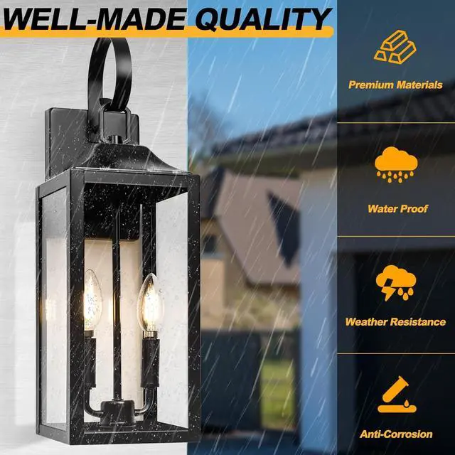 Alt view image 5 of 7 - 19" Black Outdoor Wall Lantern 2-Light, Large Outside Modern Porch Sconce Light Fixture, Industrial Porch Light Wall Mount with Glass, Waterproof Farmhouse Exterior Lamp Lighting 1 Pack