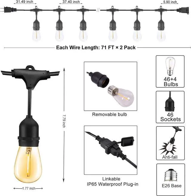 Alt view image 6 of 7 - DAMAING LED Outdoor String Lights 150FT,Shatterproof IP65 2 Pack x 75Ft Patio Lights for Heavy Duty Hanging Lights Waterproof,Outdoor Edison String Lights for Outside House Backyard,Porch,Yard