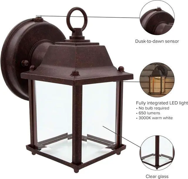 Alt view image 7 of 7 - Maxxima LED Porch Lantern Outdoor Wall Light - Aged Bronze with Clear Glass, 3000K Warm White, 650 Lumens, Dusk to Dawn Photocell Light Sensor, Patio or Porch Sconce Fixture, Exterior Lighting - Brown