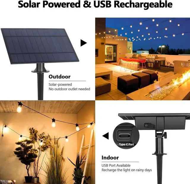 Alt view image 2 of 7 - BesLowe 48FT S14 Solar String Lights Outdoor with Remote Controller, Solar Powered Patio Lights Waterproof with LED Edison Bulbs, Dimmable Hanging Lights for Outside Backyard Porch, USB Rechargeable