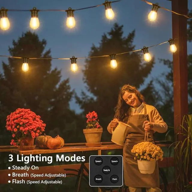 Alt view image 6 of 7 - BesLowe 48FT S14 Solar String Lights Outdoor with Remote Controller, Solar Powered Patio Lights Waterproof with LED Edison Bulbs, Dimmable Hanging Lights for Outside Backyard Porch, USB Rechargeable