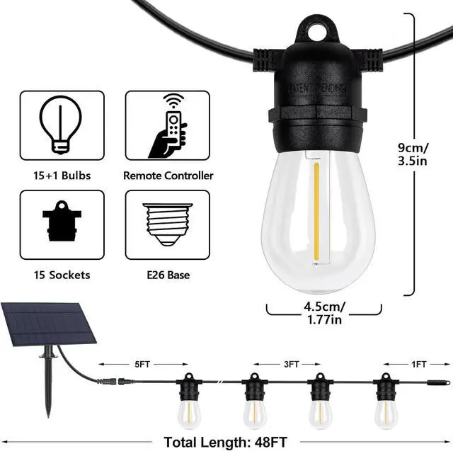 Alt view image 7 of 7 - BesLowe 48FT S14 Solar String Lights Outdoor with Remote Controller, Solar Powered Patio Lights Waterproof with LED Edison Bulbs, Dimmable Hanging Lights for Outside Backyard Porch, USB Rechargeable
