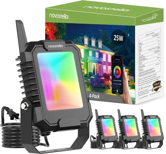 Main image of NOVOSTELLA Smart RGB LED Flood Light 25W Tunable White 2700K-6500K,Outdoor Uplights Floodlights Color Changing Spotlights APP Group Control IP66 Waterproof Strobe Lights for House Event Landscape 4Pcs