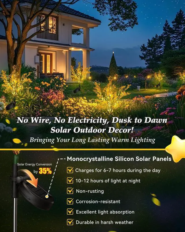 Alt view image 3 of 6 - Neporal Garden Solar Lights Outdoor Waterproof IP65 4 Pack, 7-Stems Dusk to Dawn Golden Solar Flowers, Bigger Solar Panel for Garden,Yard, Patio Outdoor Decorative