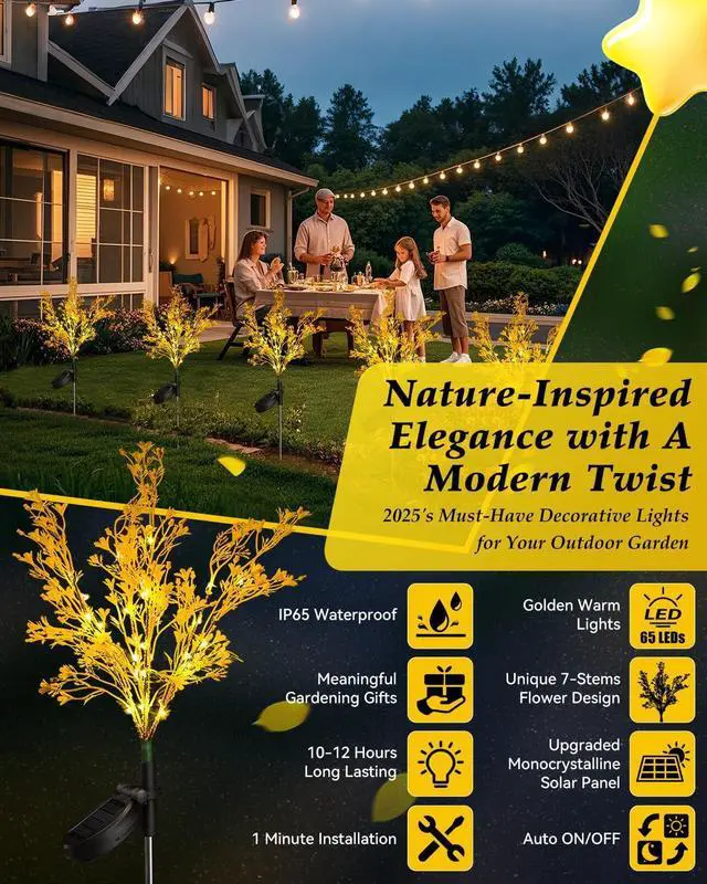 Alt view image 2 of 6 - Neporal Garden Solar Lights Outdoor Waterproof IP65 4 Pack, 7-Stems Dusk to Dawn Golden Solar Flowers, Bigger Solar Panel for Garden,Yard, Patio Outdoor Decorative