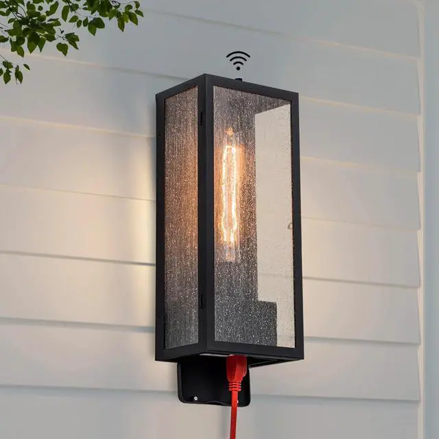 Main image of Porch Light with Outlet, Dusk to Dawn Outdoor Lighting with Outlet Built in, Matte Black Outdoor Light Fixture with Seeded Glass, Waterproof Anti-Rust Outdoor Wall Lights for House Porch Garage Patio