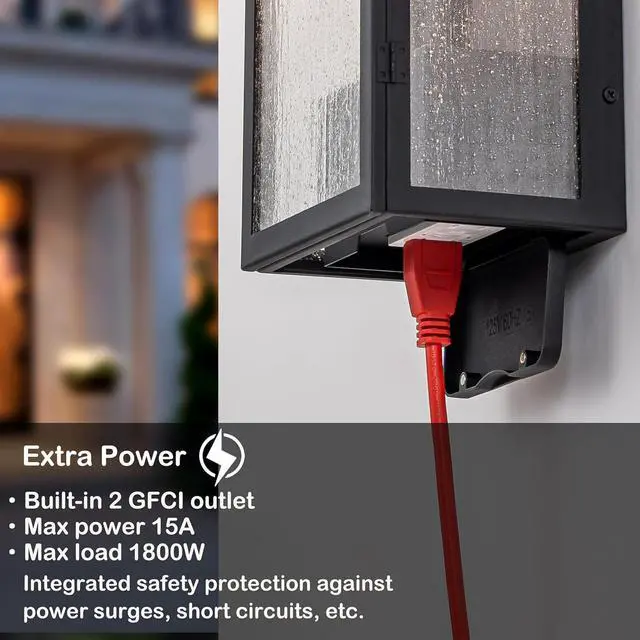 Alt view image 2 of 6 - Porch Light with Outlet, Dusk to Dawn Outdoor Lighting with Outlet Built in, Matte Black Outdoor Light Fixture with Seeded Glass, Waterproof Anti-Rust Outdoor Wall Lights for House Porch Garage Patio