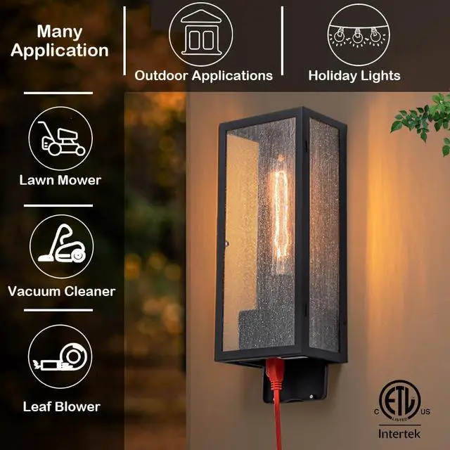 Alt view image 5 of 6 - Porch Light with Outlet, Dusk to Dawn Outdoor Lighting with Outlet Built in, Matte Black Outdoor Light Fixture with Seeded Glass, Waterproof Anti-Rust Outdoor Wall Lights for House Porch Garage Patio