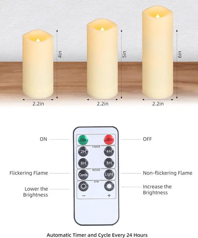 Alt view image 6 of 7 - Enido 12 Pc Flameless LED Candles with Remote & Timer, Outdoor Waterproof, Flickering Electric Warm Lights for Cozy Home & Holiday Romantic Decor, Battery Operated for Party(D 2.2 x H 4/5/6