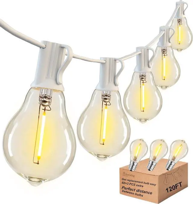 Main image of DAMAING Outdoor String Lights 120FT Waterproof Patio Lights with 63 Plastic Dimmable Edison LED Bulbs,Connectable Outdoor Lighting for Backyard,Garden and Wedding Outside, 2200K White Cord