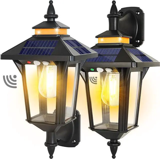 Main image of 2 Pack Solar Wall Lantern Lights Outdoor with 3 Lighting Modes, Motion Sensor Wall Sconce, Dusk to Dawn LED Exterior Front Porch Lights Fixtures Wall Mount Waterproof for Garage House Doorway Yard