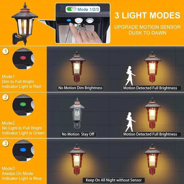 Alt view image 2 of 7 - 2 Pack Solar Wall Lantern Lights Outdoor with 3 Lighting Modes, Motion Sensor Wall Sconce, Dusk to Dawn LED Exterior Front Porch Lights Fixtures Wall Mount Waterproof for Garage House Doorway Yard