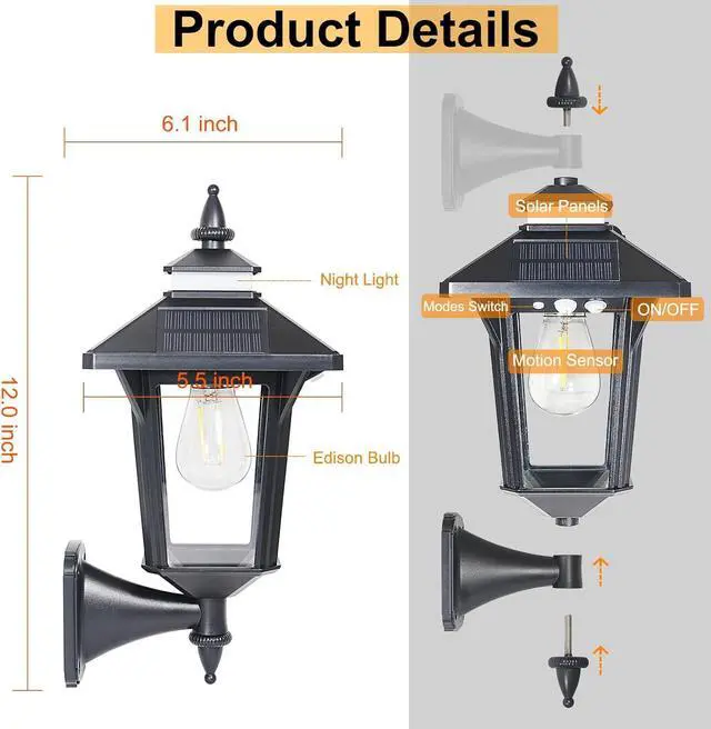 Alt view image 5 of 7 - 2 Pack Solar Wall Lantern Lights Outdoor with 3 Lighting Modes, Motion Sensor Wall Sconce, Dusk to Dawn LED Exterior Front Porch Lights Fixtures Wall Mount Waterproof for Garage House Doorway Yard