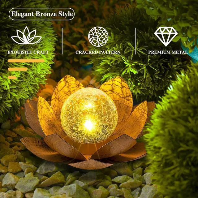Alt view image 2 of 6 - Solar Light Outdoor(2Pack), Art Crackle Globe Glass Lotus Decoration, Solar LED Waterproof Metal Flower Lights for Patio,Lawn,Walkway,Tabletop