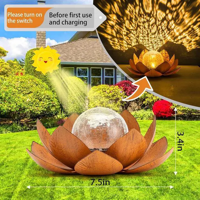 Alt view image 5 of 6 - Solar Light Outdoor(2Pack), Art Crackle Globe Glass Lotus Decoration, Solar LED Waterproof Metal Flower Lights for Patio,Lawn,Walkway,Tabletop