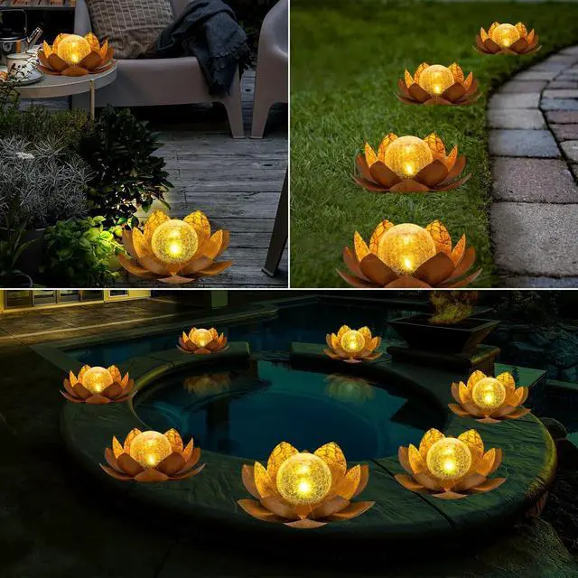 Alt view image 6 of 6 - Solar Light Outdoor(2Pack), Art Crackle Globe Glass Lotus Decoration, Solar LED Waterproof Metal Flower Lights for Patio,Lawn,Walkway,Tabletop