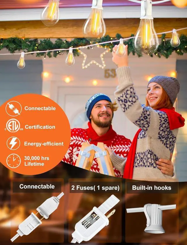 Alt view image 2 of 7 - DAMAING Outdoor String Lights 120FT Waterproof Patio Lights with 63 Plastic Dimmable Edison LED Bulbs,Connectable Outdoor Lighting for Backyard,Garden and Wedding Outside, 2200K White Cord