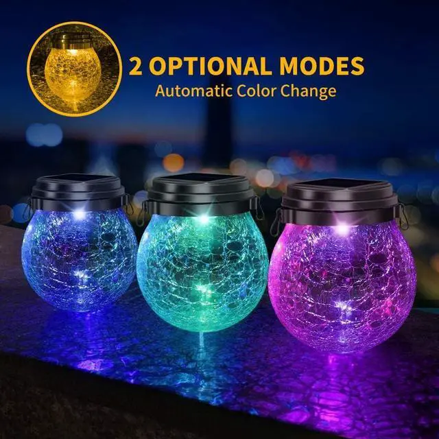 Alt view image 3 of 7 - DBF 2 Pack Solar Lanterns Outdoor Waterproof IP65, Heavy Crackle Glass, Amber Warm & RGB, 30 LEDs, Stainless Steel Lid, Hanging Globes Ornaments, Garden Decor for Patio Backyard Tree Flower Bed Table