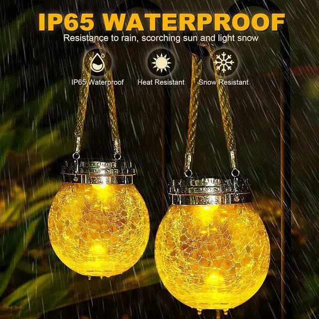 Alt view image 5 of 7 - DBF 2 Pack Solar Lanterns Outdoor Waterproof IP65, Heavy Crackle Glass, Amber Warm & RGB, 30 LEDs, Stainless Steel Lid, Hanging Globes Ornaments, Garden Decor for Patio Backyard Tree Flower Bed Table