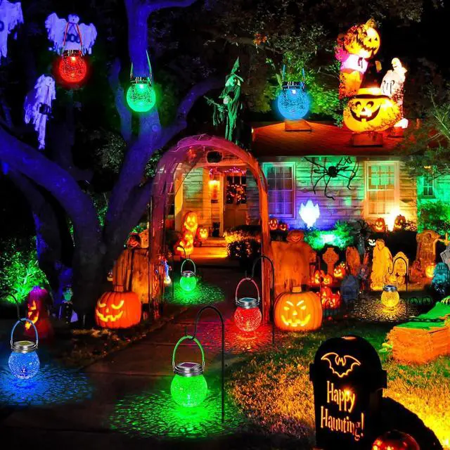 Alt view image 7 of 7 - DBF 2 Pack Solar Lanterns Outdoor Waterproof IP65, Heavy Crackle Glass, Amber Warm & RGB, 30 LEDs, Stainless Steel Lid, Hanging Globes Ornaments, Garden Decor for Patio Backyard Tree Flower Bed Table