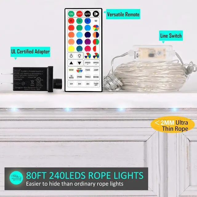 Alt view image 6 of 6 - Outdoor String Lights - 80 Ft Rope Lights with 240 Color Changing LEDs, Waterproof & Plug-in for Wedding, Patio, Garden & Christmas Decor