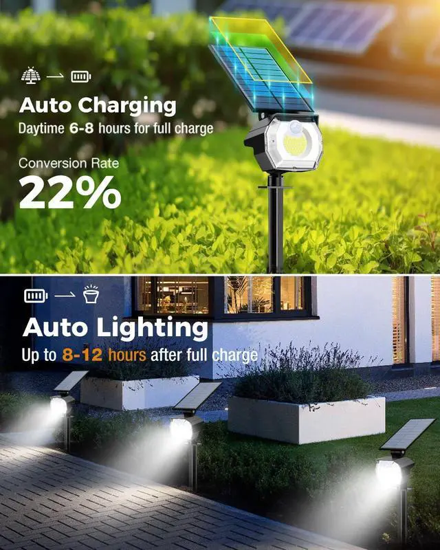 Alt view image 3 of 7 - btfarm 4 Pack Solar Spot Lights Outdoor - 52 LED Solar Motion Lights Outside Waterproof IP65, 3 Modes Solar Powered Motion Sensor Spotlights for Yard Garden Driveway Pathway Landscape, Cool White