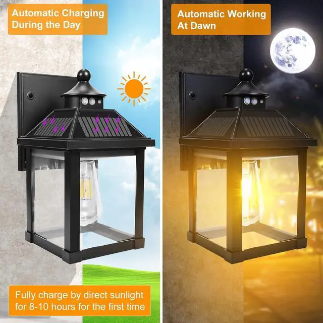 Alt view image 3 of 7 - Solar Wall Lights Outdoor, Dusk to Dawn Solar Sconces, Motion Sensor Porch Lights Waterproof with 3 Lighting Modes, Exterior Wall Lantern Outside for Patio Garage Entryway Garden Shed