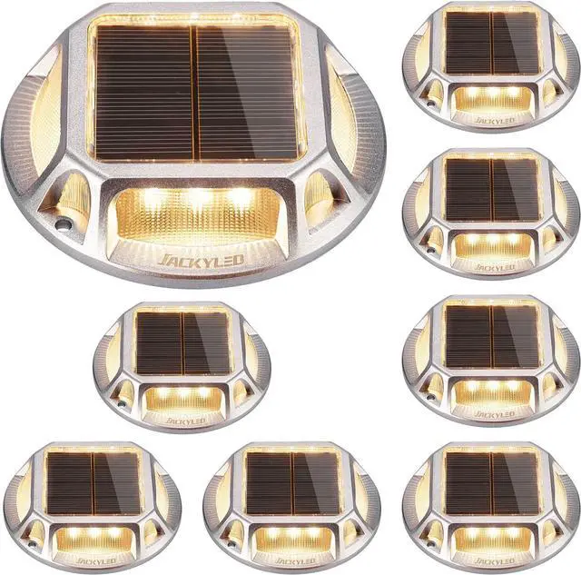 Main image of JACKYLED 8-Pack Solar Deck Lights Outdoor, 12 LED Solar Dock Lights Marine Waterproof, Dusk to Dawn Solar Lights for Backyard Sidewalk Garden Pathway Walkway Patio Backyard (Warm White)