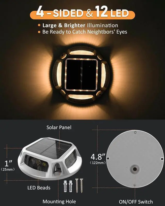 Alt view image 2 of 7 - JACKYLED 8-Pack Solar Deck Lights Outdoor, 12 LED Solar Dock Lights Marine Waterproof, Dusk to Dawn Solar Lights for Backyard Sidewalk Garden Pathway Walkway Patio Backyard (Warm White)