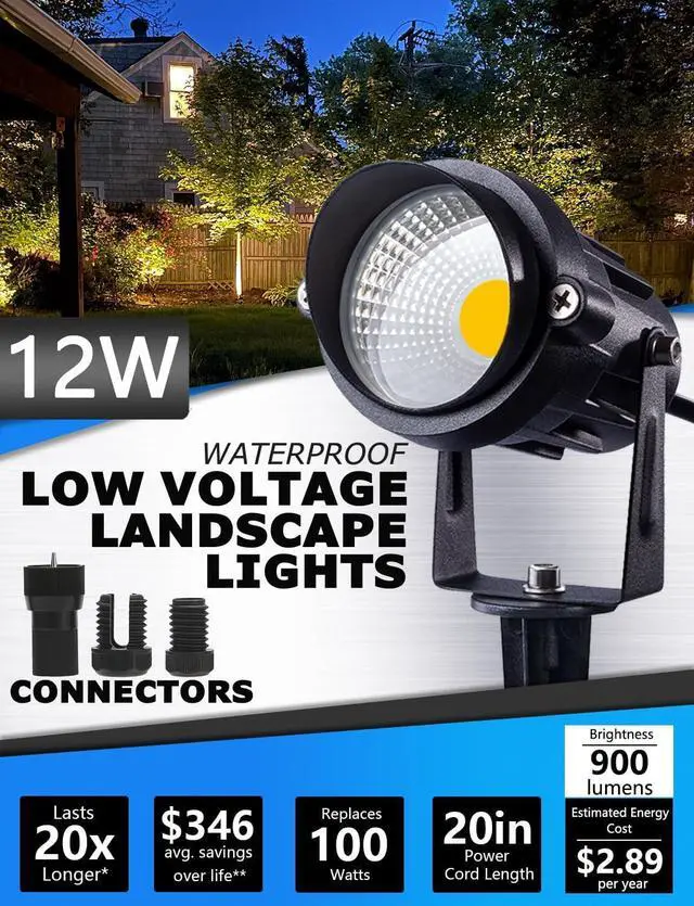 Alt view image 2 of 7 - SUNVIE 12W Low Voltage LED Landscape Lights with Connectors, Outdoor 12V Super Warm White (900LM) Waterproof Garden Pathway Lights Wall Tree Flag Spotlights with Spike Stand (10 Pack with Connector)