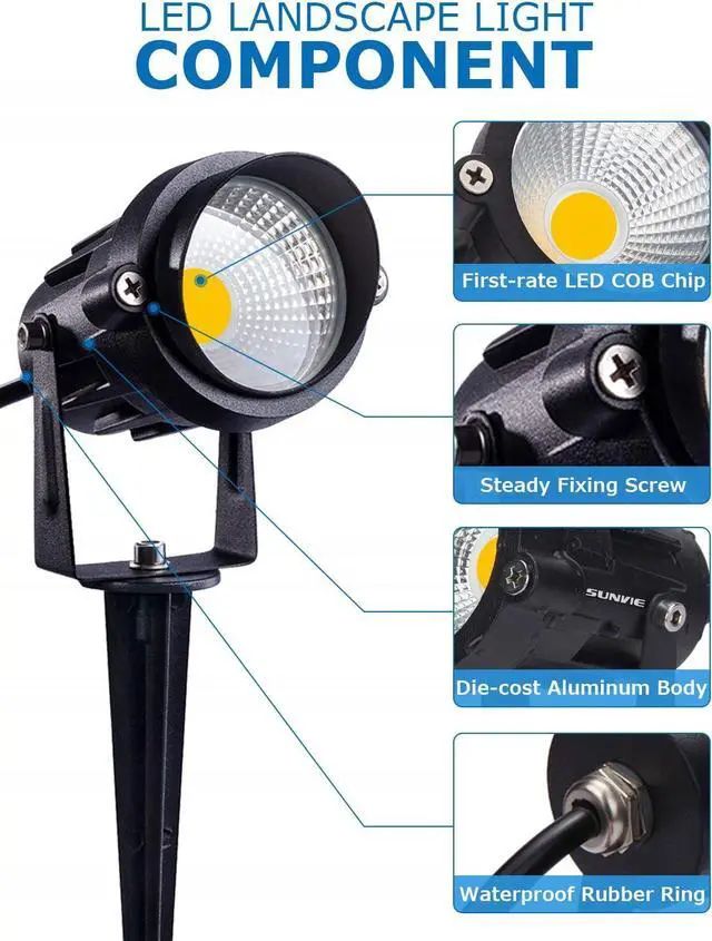 Alt view image 3 of 7 - SUNVIE 12W Low Voltage LED Landscape Lights with Connectors, Outdoor 12V Super Warm White (900LM) Waterproof Garden Pathway Lights Wall Tree Flag Spotlights with Spike Stand (10 Pack with Connector)