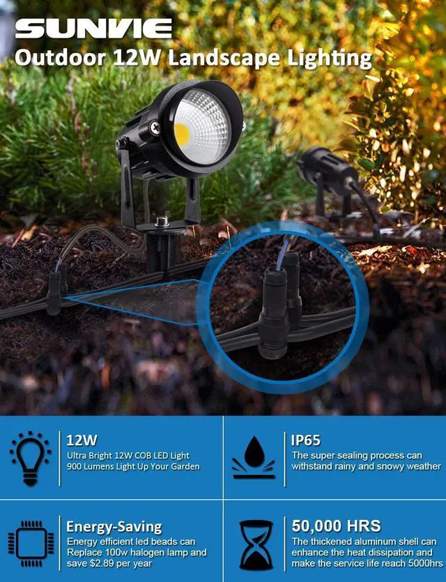 Alt view image 6 of 7 - SUNVIE 12W Low Voltage LED Landscape Lights with Connectors, Outdoor 12V Super Warm White (900LM) Waterproof Garden Pathway Lights Wall Tree Flag Spotlights with Spike Stand (10 Pack with Connector)
