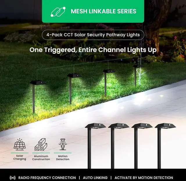 Alt view image 2 of 7 - Mesh Linkable Series 4-Pack Solar LED Security Pathway Light w/ LiFePO4 Battery, 300LM, Auto-linking, 110°x16 ft Motion Detection, CCT 3000K/4000K/5000K, 4-Channel Settings, Stainless Steel, Black