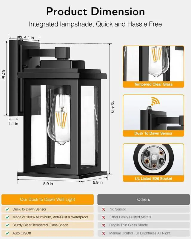 Alt view image 7 of 7 - VIANIS Dusk to Dawn Outdoor Lights for House, Black Outdoor Light Fixture, Waterproof Exterior Lighting Fixtures Wall Mount, Outdoor Wall Lights for House, Garage, Garden, Porch,Hardwired, Non-Solar