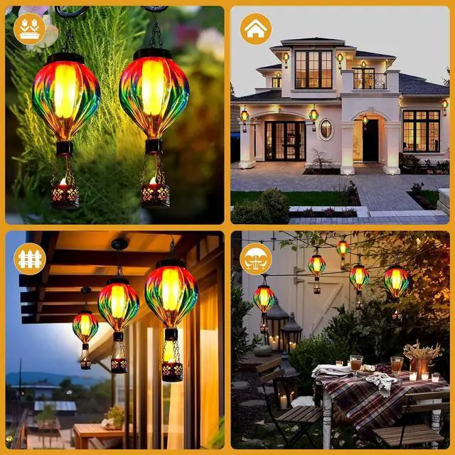Alt view image 2 of 7 - Hot Air Balloon Hanging Solar Lantern Outdoor Waterproof with Flickering Flame Gifts for Women Grandma Mom Glass Hanging Solar Lights Decorative for Outside Wall Front Porch Yard Garden Fence