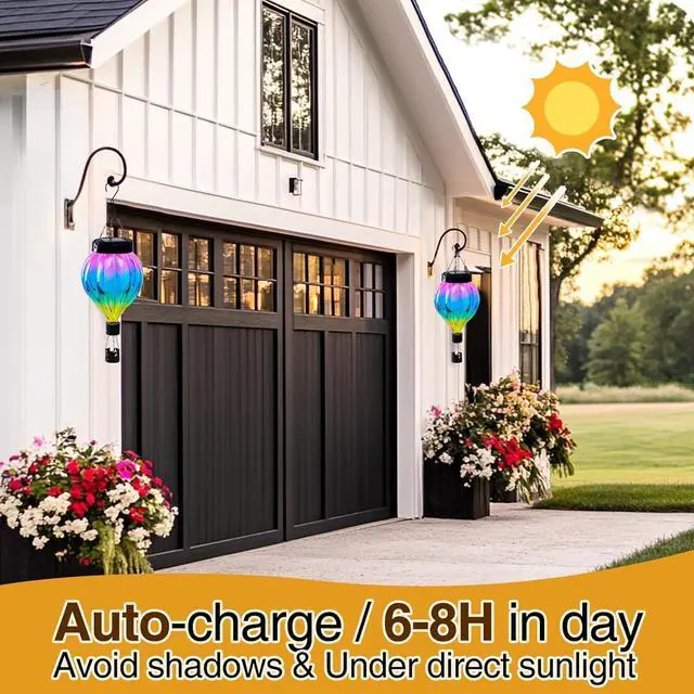Alt view image 3 of 7 - Hot Air Balloon Hanging Solar Lantern Outdoor Waterproof with Flickering Flame Gifts for Women Grandma Mom Glass Hanging Solar Lights Decorative for Outside Wall Front Porch Yard Garden Fence
