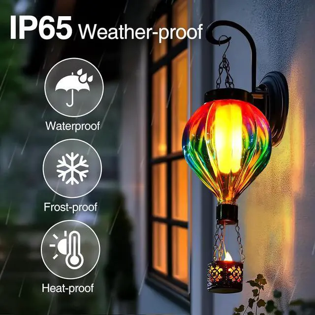 Alt view image 5 of 7 - Hot Air Balloon Hanging Solar Lantern Outdoor Waterproof with Flickering Flame Gifts for Women Grandma Mom Glass Hanging Solar Lights Decorative for Outside Wall Front Porch Yard Garden Fence