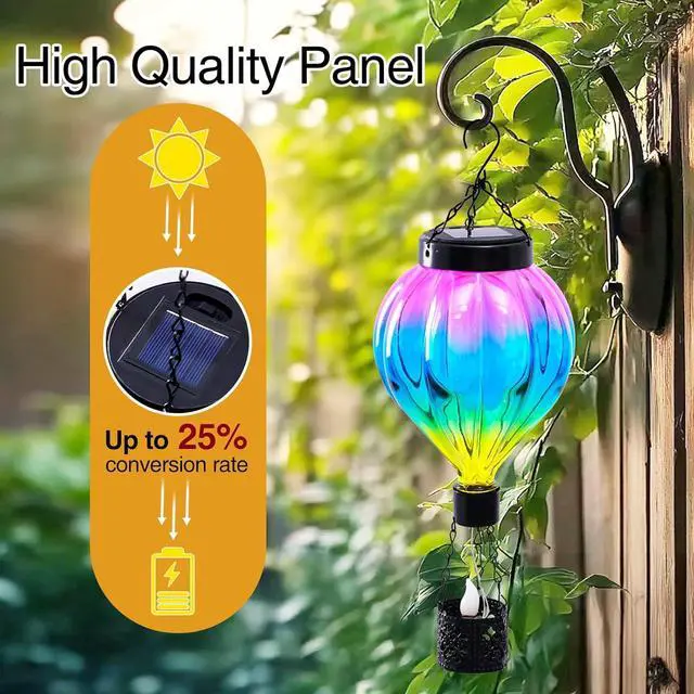 Alt view image 6 of 7 - Hot Air Balloon Hanging Solar Lantern Outdoor Waterproof with Flickering Flame Gifts for Women Grandma Mom Glass Hanging Solar Lights Decorative for Outside Wall Front Porch Yard Garden Fence