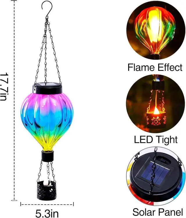 Alt view image 7 of 7 - Hot Air Balloon Hanging Solar Lantern Outdoor Waterproof with Flickering Flame Gifts for Women Grandma Mom Glass Hanging Solar Lights Decorative for Outside Wall Front Porch Yard Garden Fence