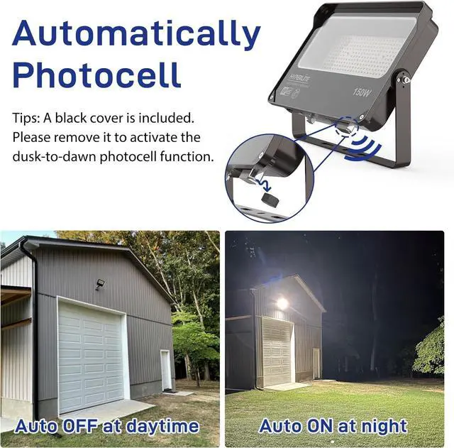 Alt view image 3 of 7 - HYPERLITE Flood Light Outdoor 150W 2Pack, LED Security Flood Lights with Dusk to Dawn Photocell, 5000K Daylight IP65 Waterproof Floodlights for Court, Garden, Yard