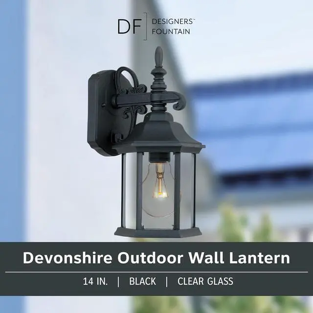 Alt view image 2 of 6 - DESIGNERS FOUNTAIN Devonshire Outdoor Light Fixture, 14 Inch Exterior Wall Lantern Sconce for Front Door, Patio and Porch, Black, 2961-BK