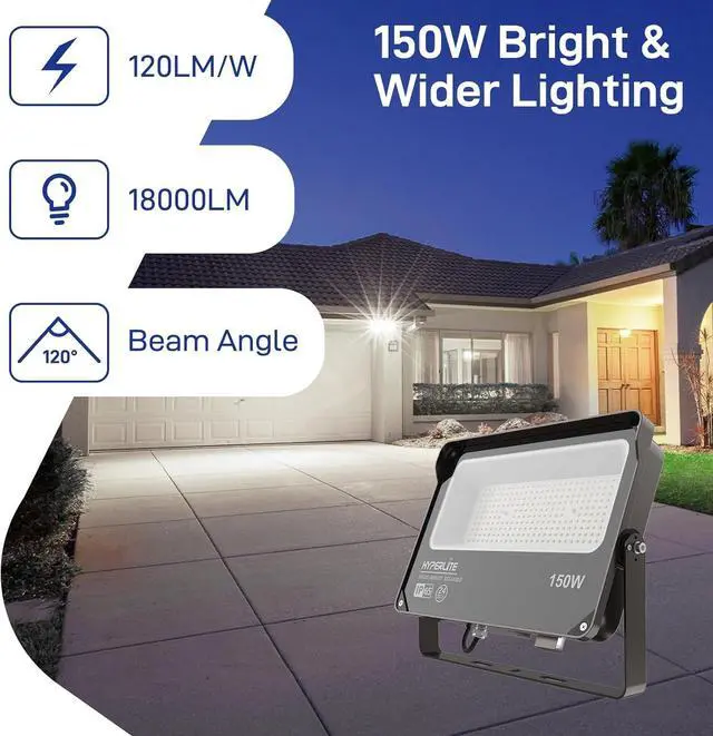 Alt view image 2 of 7 - HYPERLITE Flood Light Outdoor 150W 2Pack, LED Security Flood Lights with Dusk to Dawn Photocell, 5000K Daylight IP65 Waterproof Floodlights for Court, Garden, Yard