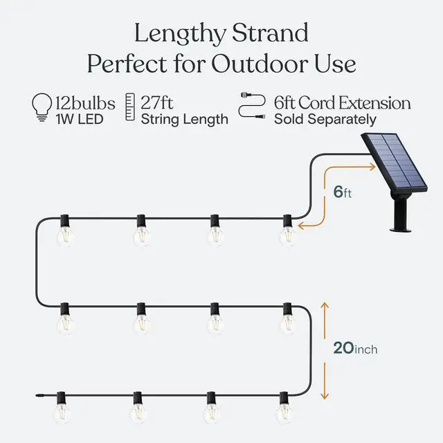 Alt view image 5 of 7 - Brightech Ambience Pro Solar Powered LED Outdoor String Lights - 27 Ft Commercial Waterproof Patio Lights with Edison Bulbs - Durable String Lights for Outside, Backyard, Porch - 1W, Warm White