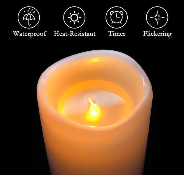Alt view image 5 of 7 - Homemory 10" x 4" Large Waterproof Outdoor Flameless Candles with Remote Control and Timer, Battery Operated Flickering LED Pillar Candles for Outdoor Larterns, Porch, Long Lasting, Set of 2