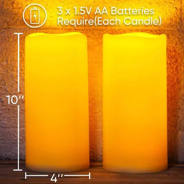 Alt view image 6 of 7 - Homemory 10" x 4" Large Waterproof Outdoor Flameless Candles with Remote Control and Timer, Battery Operated Flickering LED Pillar Candles for Outdoor Larterns, Porch, Long Lasting, Set of 2